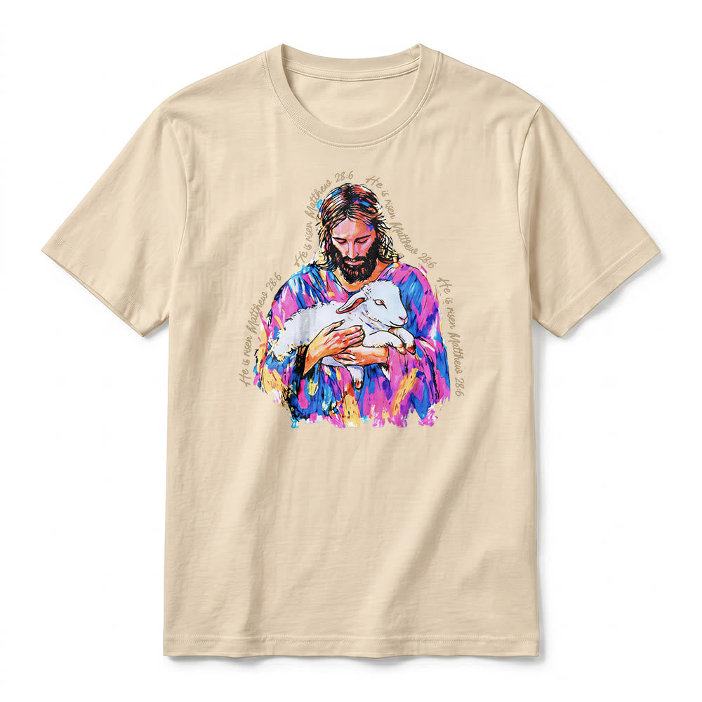 Christianartworkshop « Il est ressuscité » Matthieu 28:6 T-shirt premium à manches courtes Jésus et l'Agneau - image 2
