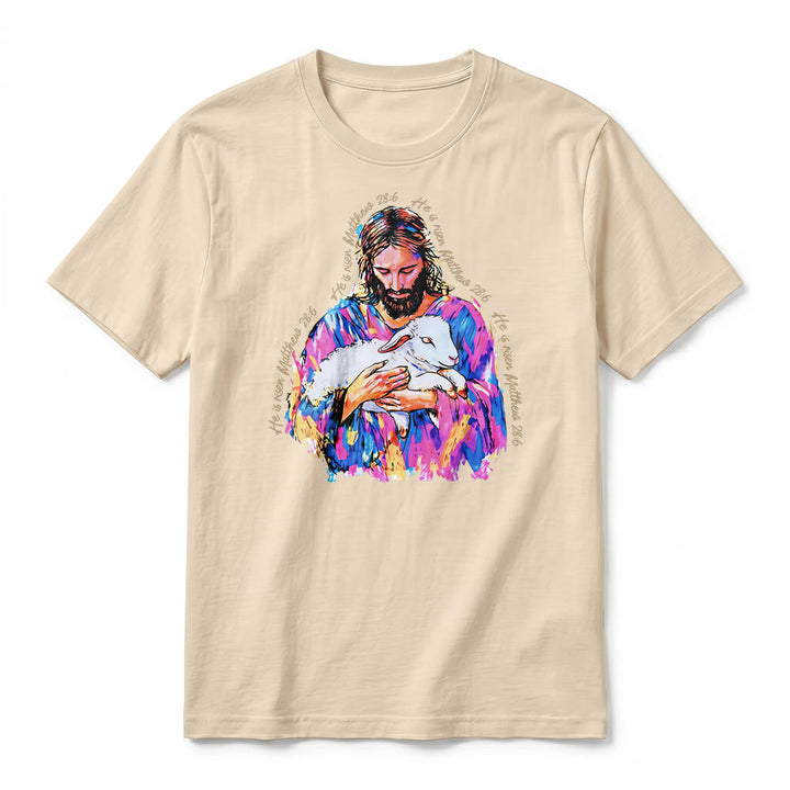 Christianartworkshop « Il est ressuscité » Matthieu 28:6 T-shirt premium à manches courtes Jésus et l'Agneau - image 2