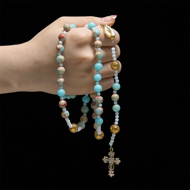Christianartworkshop Chapelet en pierre de Shoushan bleu turquoise : Dévotion à Notre-Dame Mariale - image 1