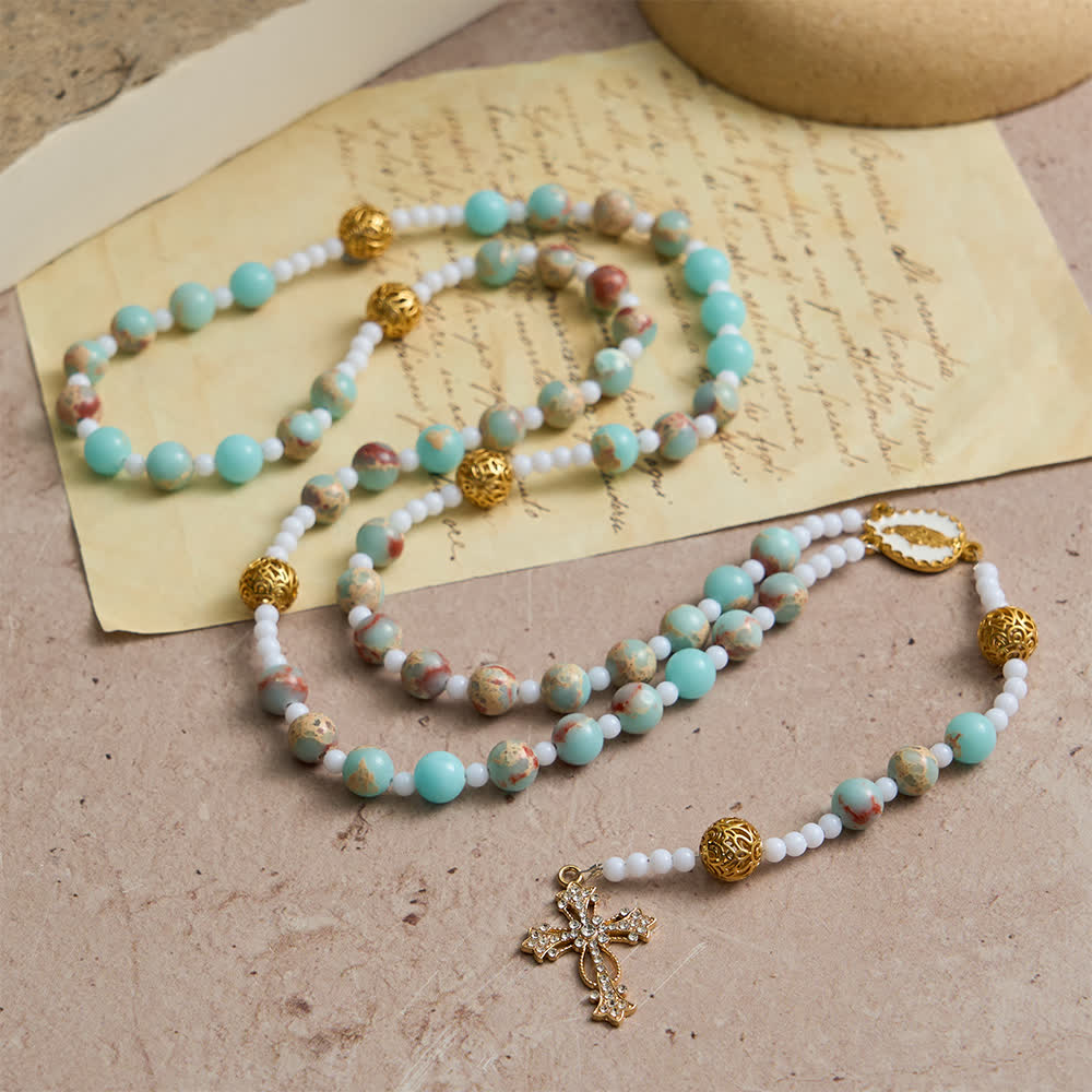 Christianartworkshop Chapelet en pierre de Shoushan bleu turquoise : Dévotion à Notre-Dame Mariale - image 3