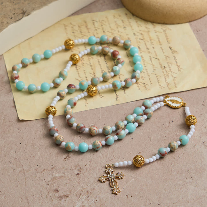 Christianartworkshop Chapelet en pierre de Shoushan bleu turquoise : Dévotion à Notre-Dame Mariale - image 3
