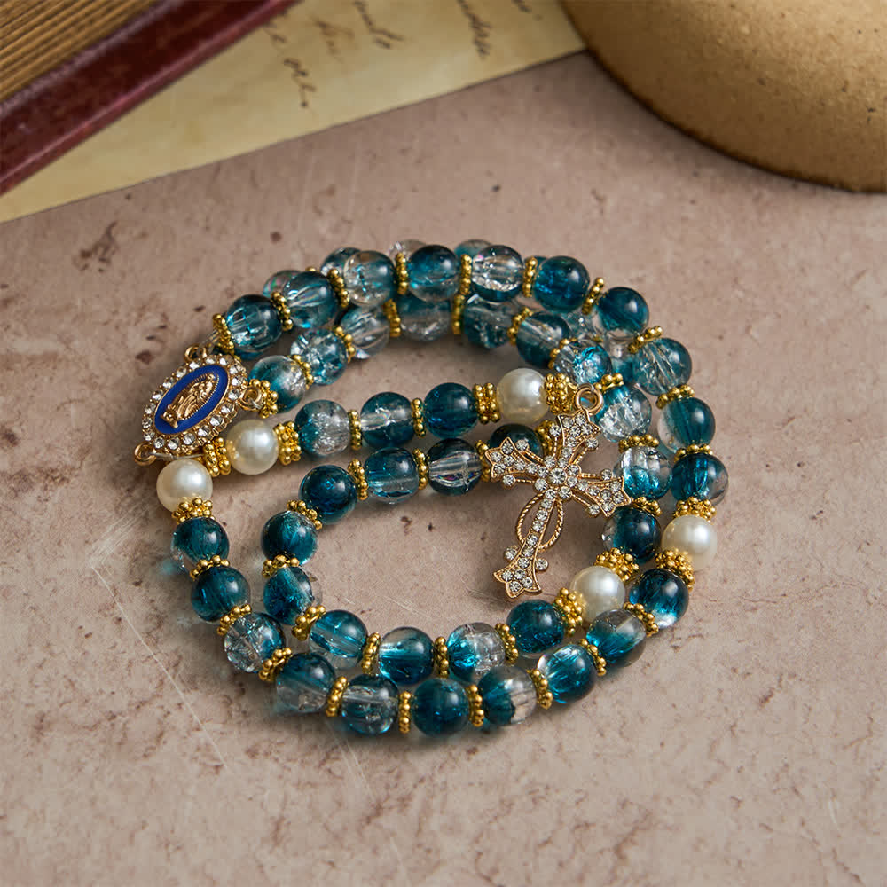 Christianartworkshop Chapelet de perles de verre bleu craquelé pour la dévotion mariale quotidienne - image 3