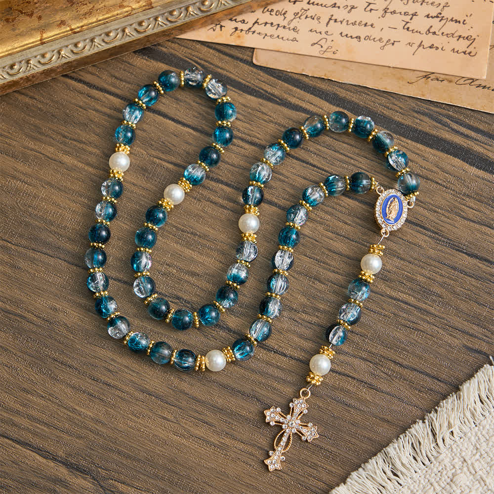 Christianartworkshop Chapelet de perles de verre bleu craquelé pour la dévotion mariale quotidienne - Notre-Dame et la Croix - image 0