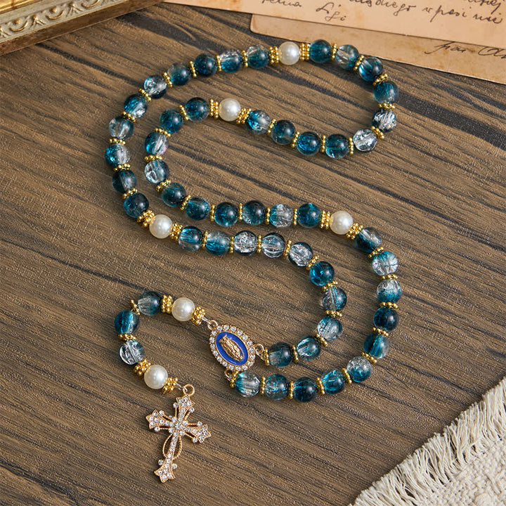 Christianartworkshop Chapelet de perles de verre bleu craquelé pour la dévotion mariale quotidienne - image 2