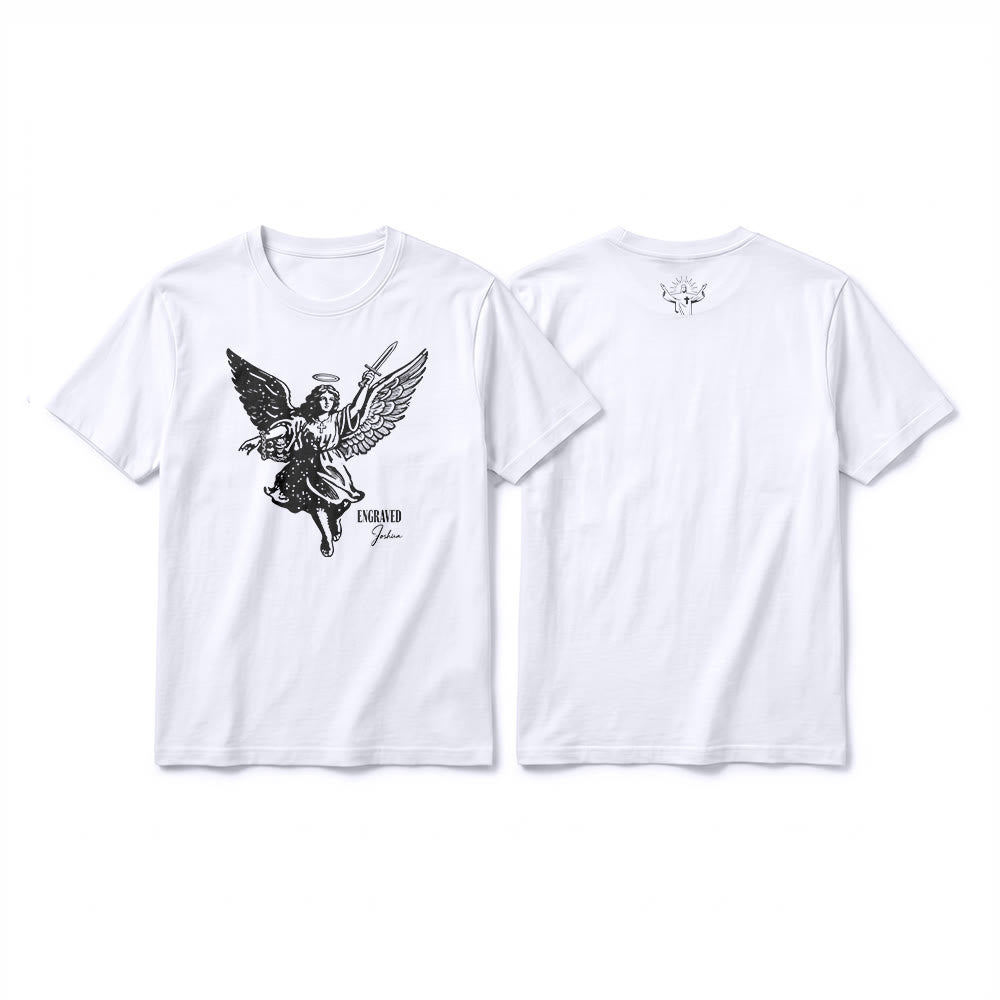 Christianartworkshop T-shirt premium à manches courtes « Josué gravé » Ange guerrier - Blanc - 2XL - image 1