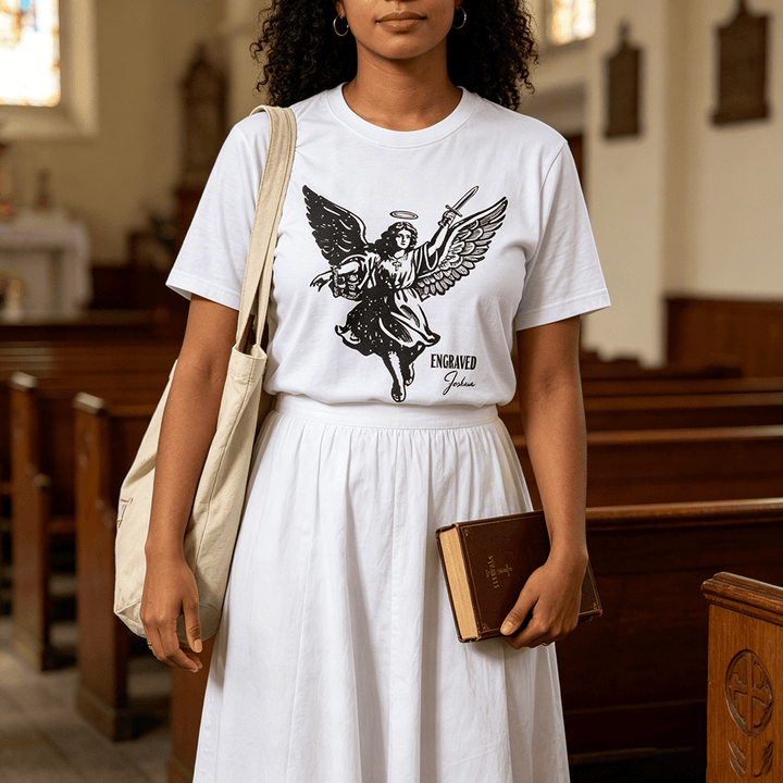 Christianartworkshop T-shirt premium à manches courtes « Josué gravé » Ange guerrier - image 0