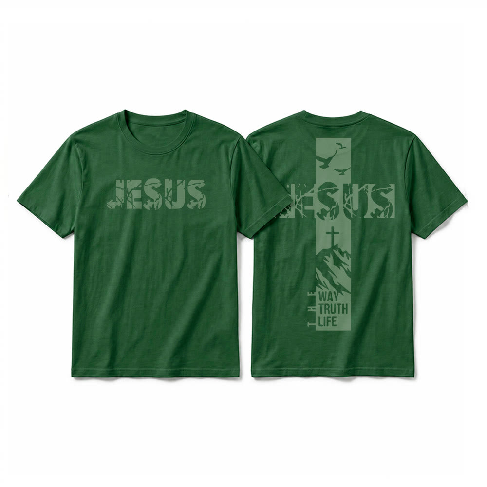 Christianartworkshop T-shirt à manches courtes premium "JÉSUS" Mountain Cross - Vert foncé - 2XL - image 10