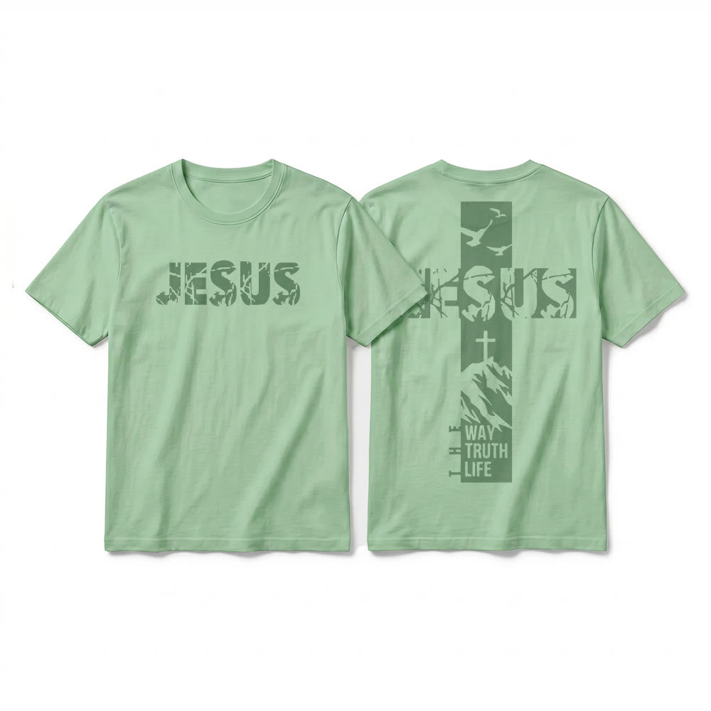 Christianartworkshop T-shirt à manches courtes premium "JÉSUS" Mountain Cross - Vert clair - 2XL - image 22
