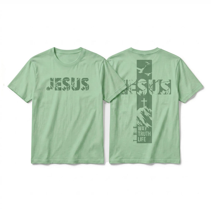 Christianartworkshop T-shirt à manches courtes premium "JÉSUS" Mountain Cross - Vert clair - 2XL - image 22