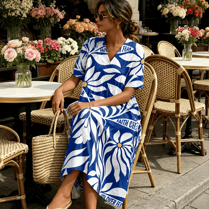 Christianartworkshop Robe midi à manches courtes et col en V à imprimé floral tropical « La foi plutôt que la peur » - image 0