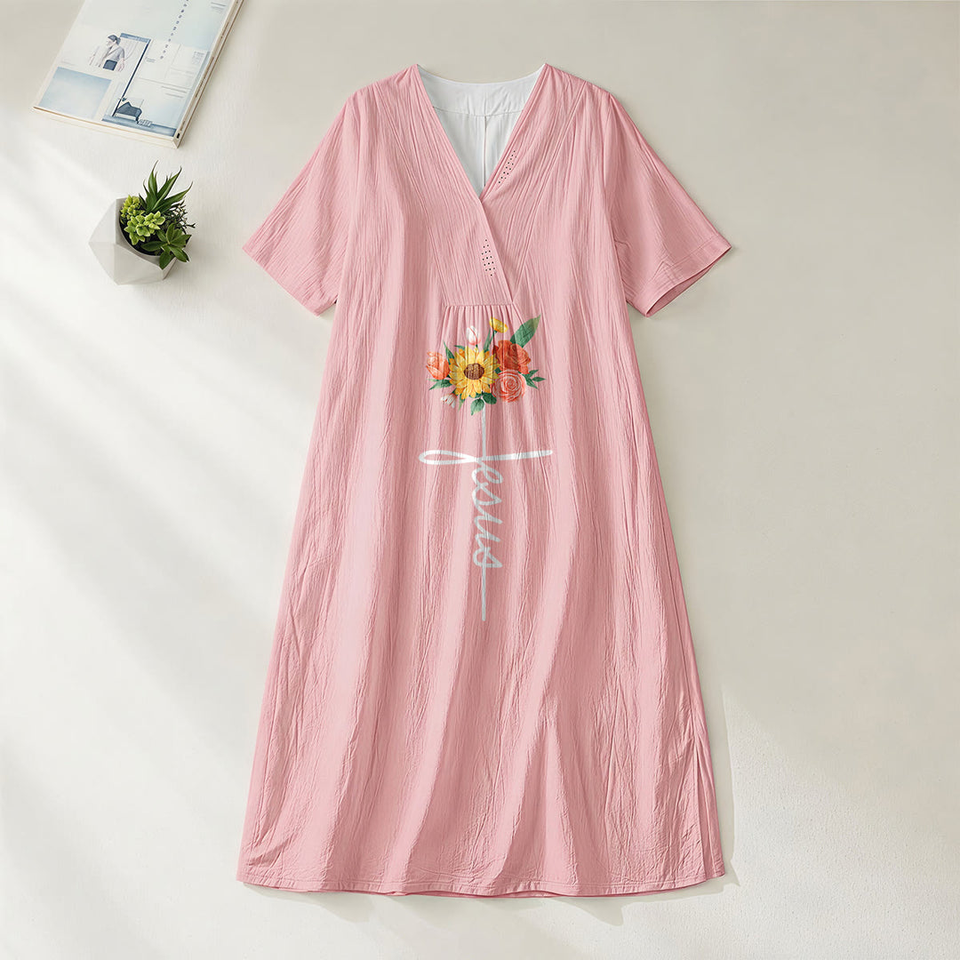 Robe midi à manches courtes, col en V, motif croix et tournesol, signée Christianartworkshop - Rose - 4XL - image 8
