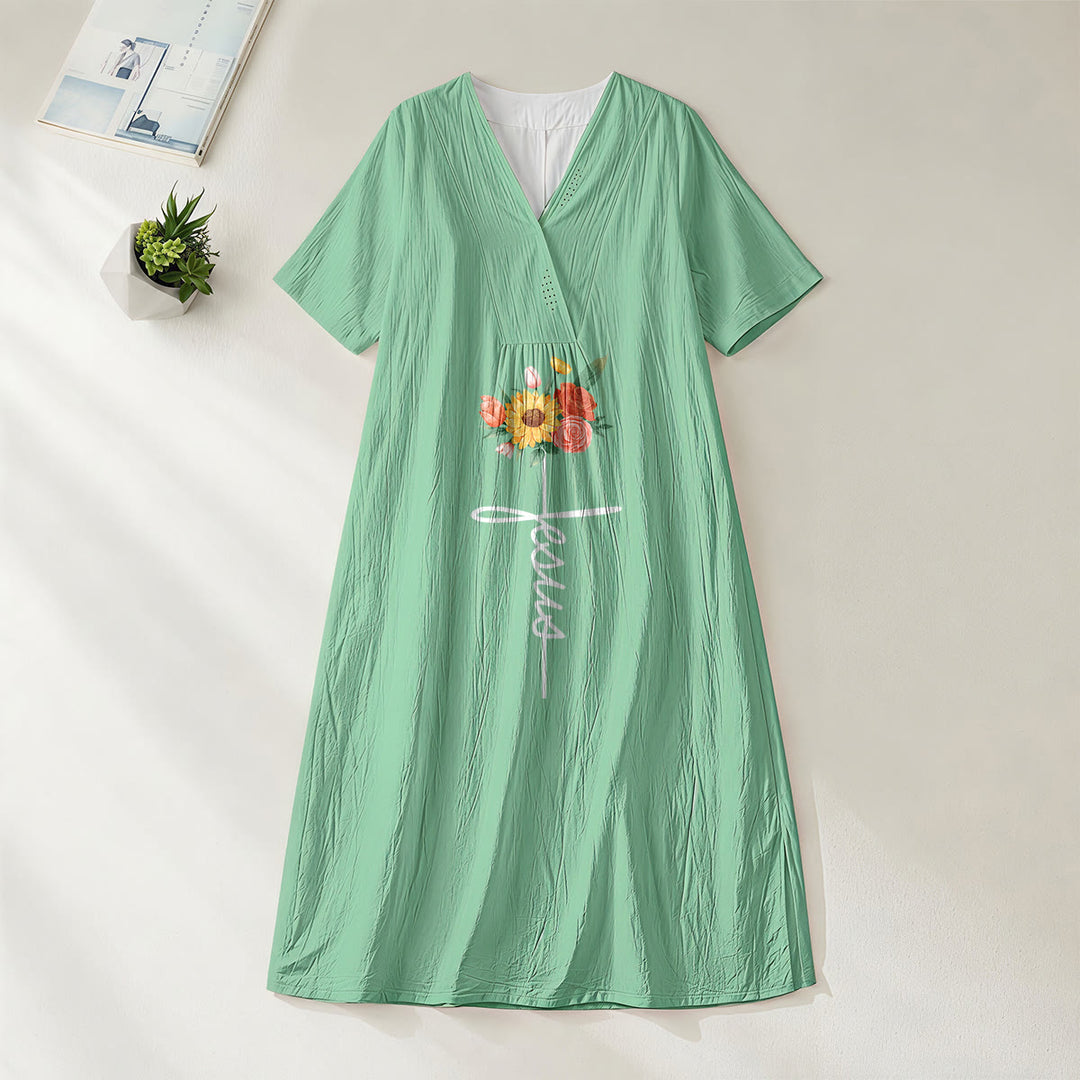 Robe midi à manches courtes, col en V, motif croix et tournesol, signée Christianartworkshop - Vert - 4XL - image 4
