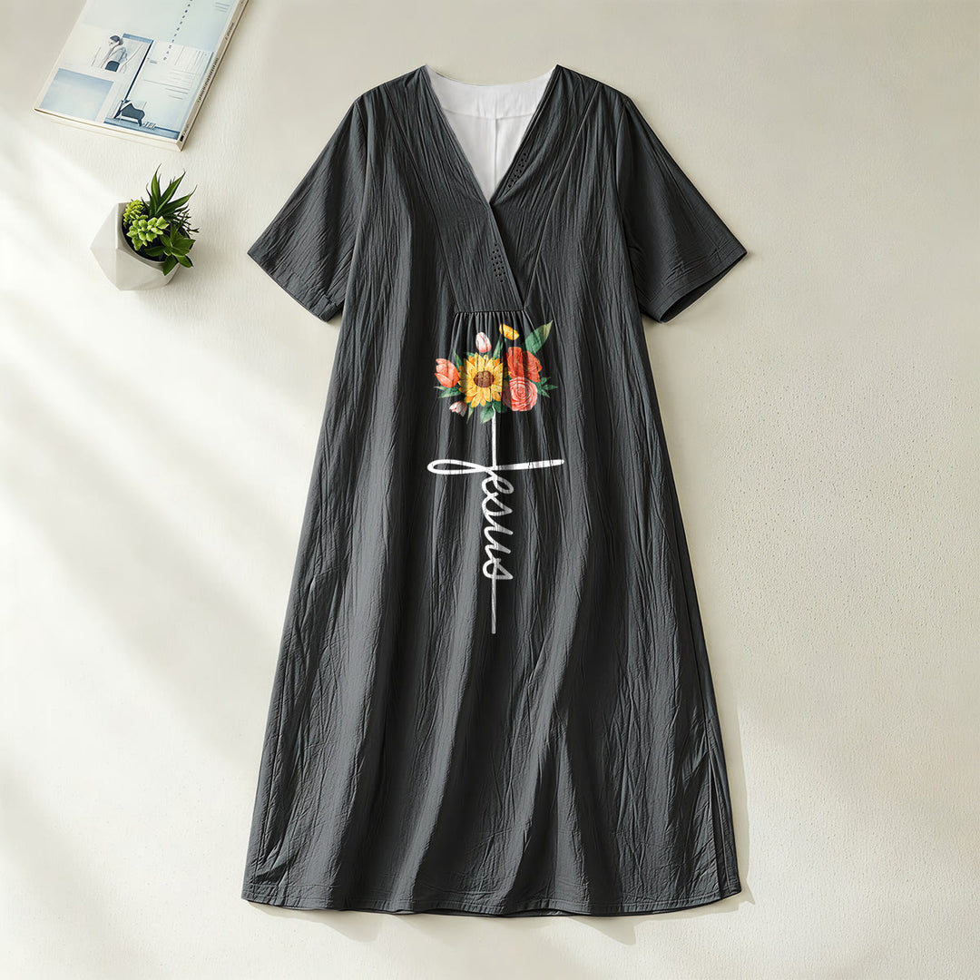 Robe midi à manches courtes, col en V, motif croix et tournesol, signée Christianartworkshop - Noir - 4XL - image 0
