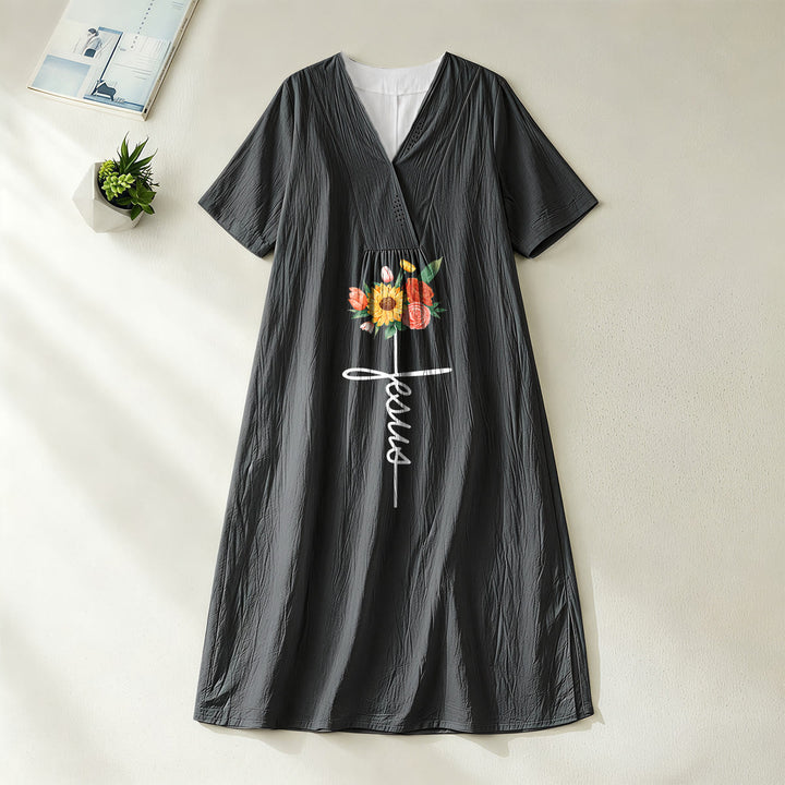 Robe midi à manches courtes, col en V, motif croix et tournesol, signée Christianartworkshop - Noir - 4XL - image 0