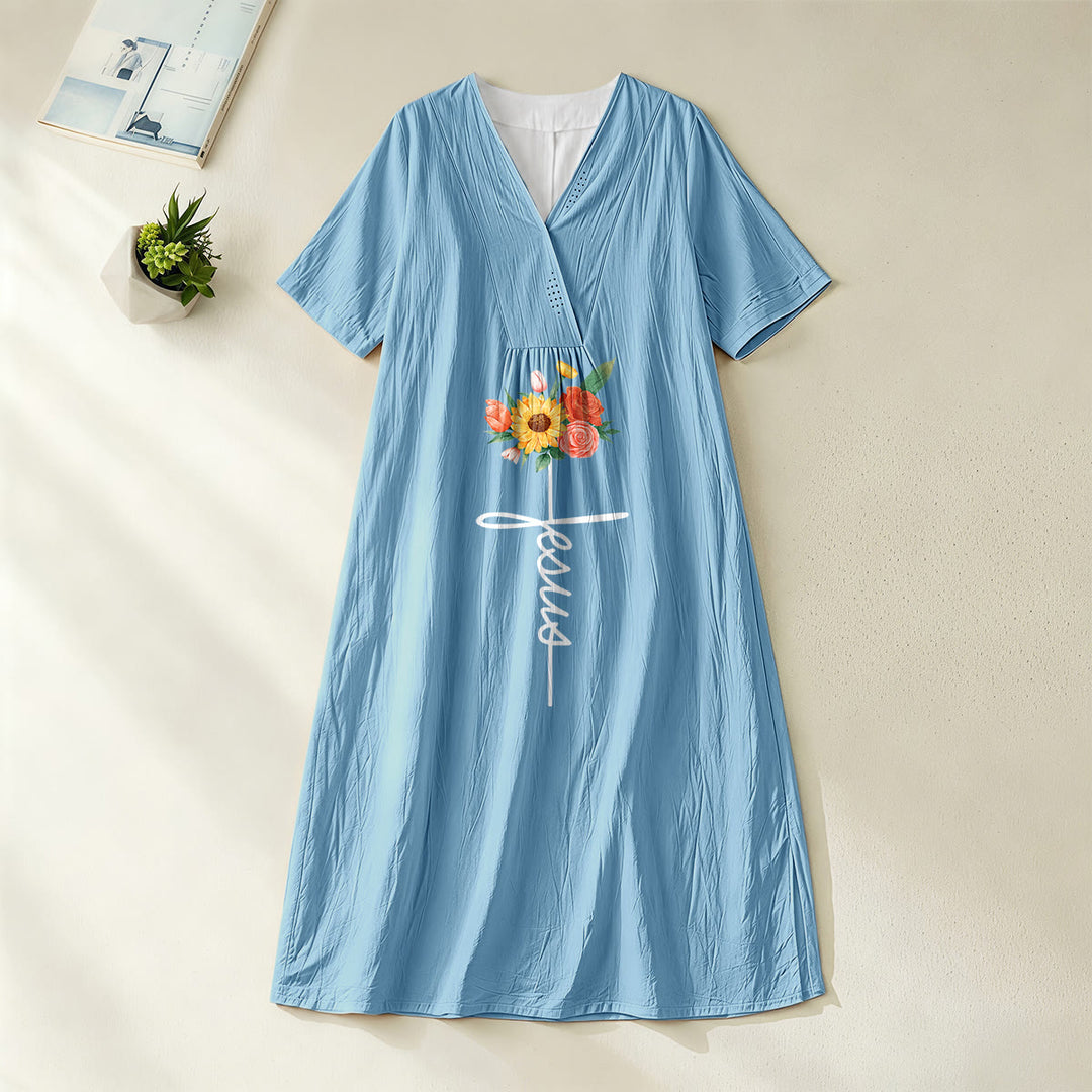 Robe midi à manches courtes, col en V, motif croix et tournesol, signée Christianartworkshop - Bleu - 4XL - image 2
