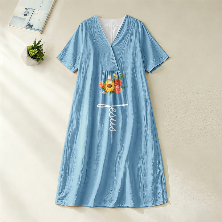 Robe midi à manches courtes, col en V, motif croix et tournesol, signée Christianartworkshop - Bleu - 4XL - image 2