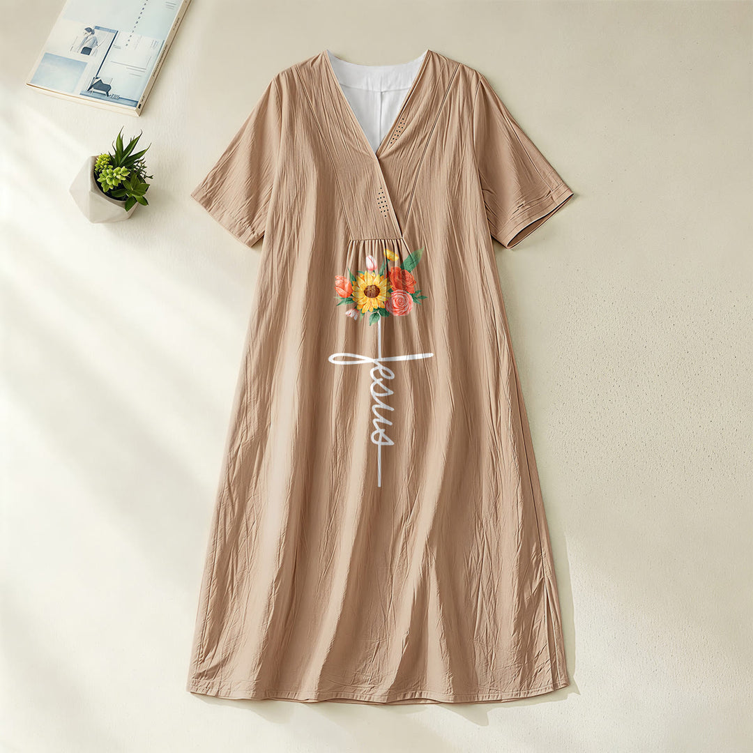 Robe midi à manches courtes, col en V, motif croix et tournesol, signée Christianartworkshop - Kaki - 4XL - image 6