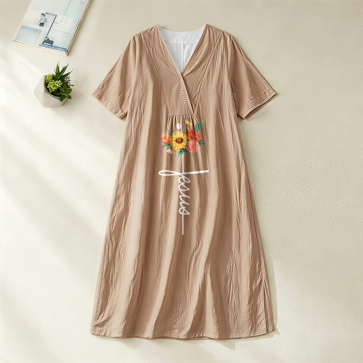 Robe midi à manches courtes, col en V, motif croix et tournesol, signée Christianartworkshop - Kaki - 4XL - image 6