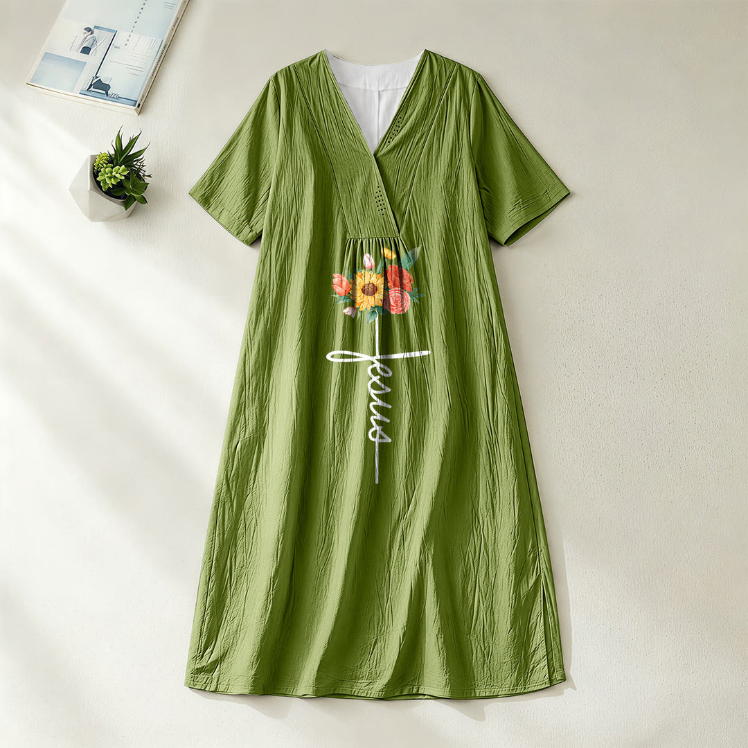 Robe midi à manches courtes, col en V, motif croix et tournesol, signée Christianartworkshop - Vert olive - 4XL - image 10