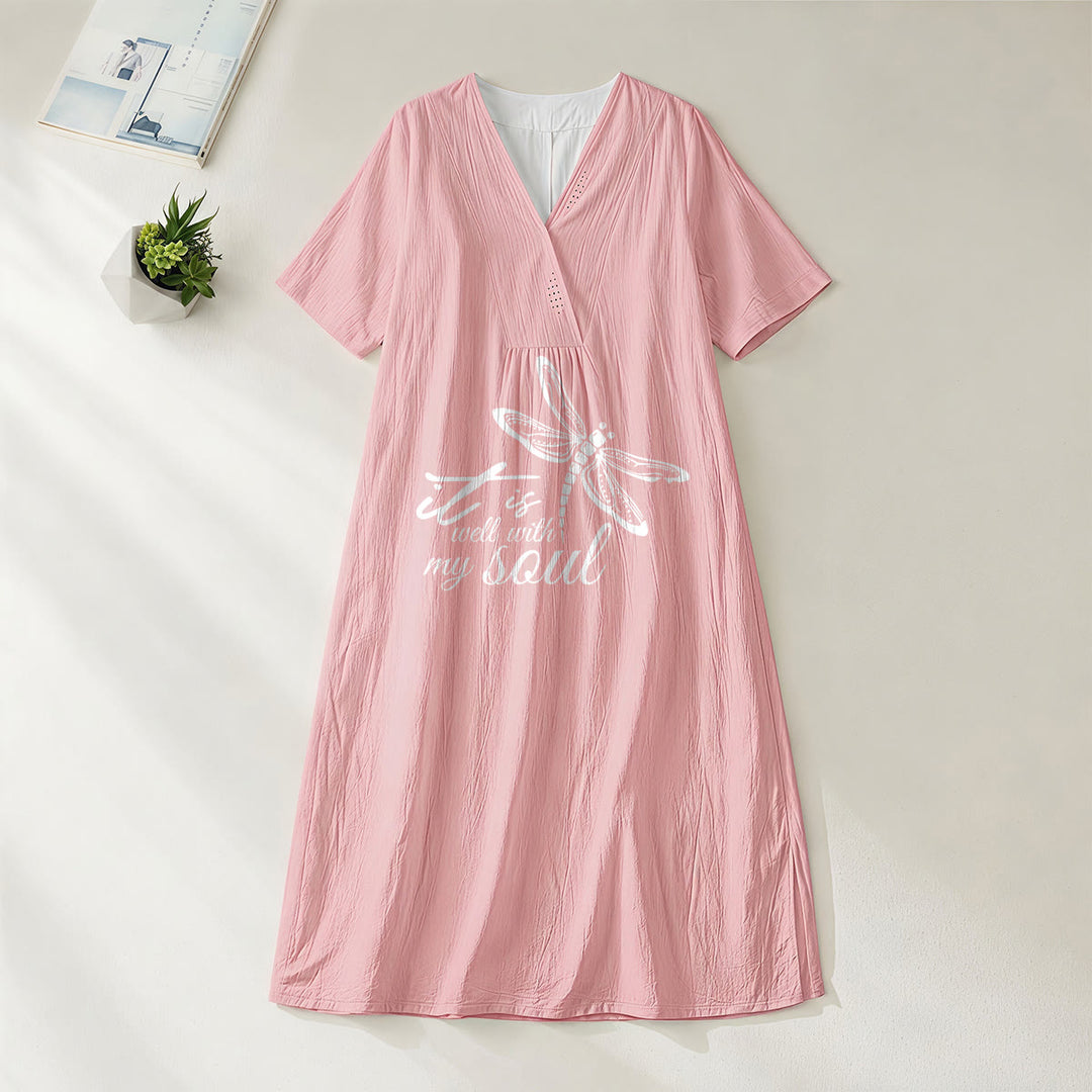 Robe midi à manches courtes et col en V avec motif libellule, inspirée par un verset de foi et signée Christianartworkshop, idéale pour l'été à la plage. - Rose - 4XL - image 8