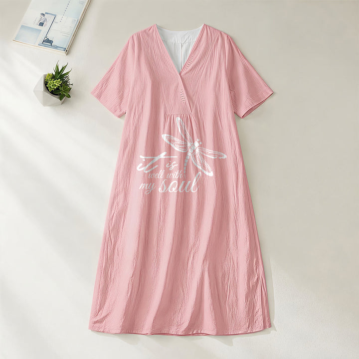 Robe midi à manches courtes et col en V avec motif libellule, inspirée par un verset de foi et signée Christianartworkshop, idéale pour l'été à la plage. - Rose - 4XL - image 8