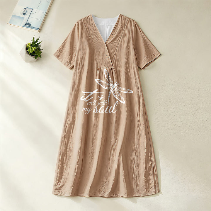Robe midi à manches courtes et col en V avec motif libellule, inspirée par un verset de foi et signée Christianartworkshop, idéale pour l'été à la plage. - Kaki - 4XL - image 6