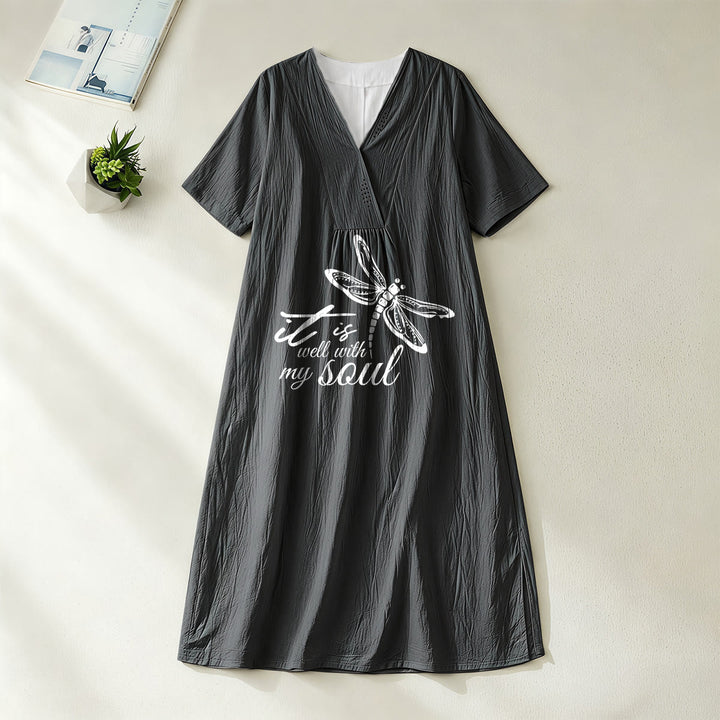 Robe midi à manches courtes et col en V avec motif libellule, inspirée par un verset de foi et signée Christianartworkshop, idéale pour l'été à la plage. - Noir - 4XL - image 2