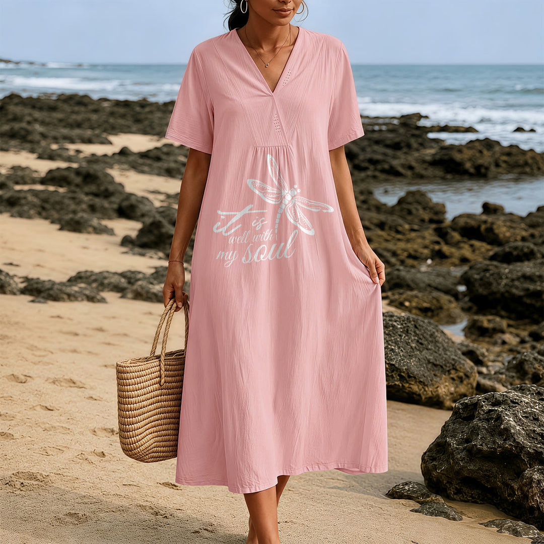 Robe midi à manches courtes et col en V avec motif libellule, inspirée par un verset de foi et signée Christianartworkshop, idéale pour l'été à la plage. - image 9