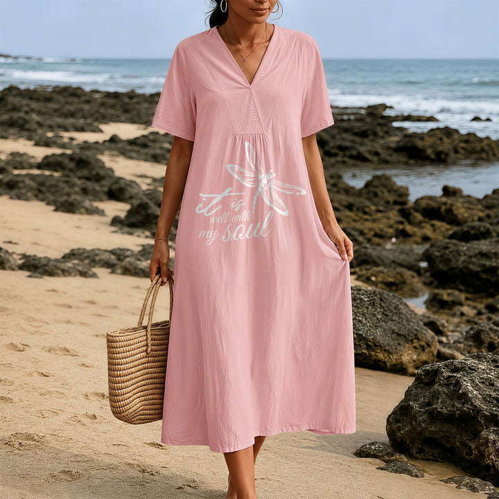 Robe midi à manches courtes et col en V avec motif libellule, inspirée par un verset de foi et signée Christianartworkshop, idéale pour l'été à la plage. - image 9