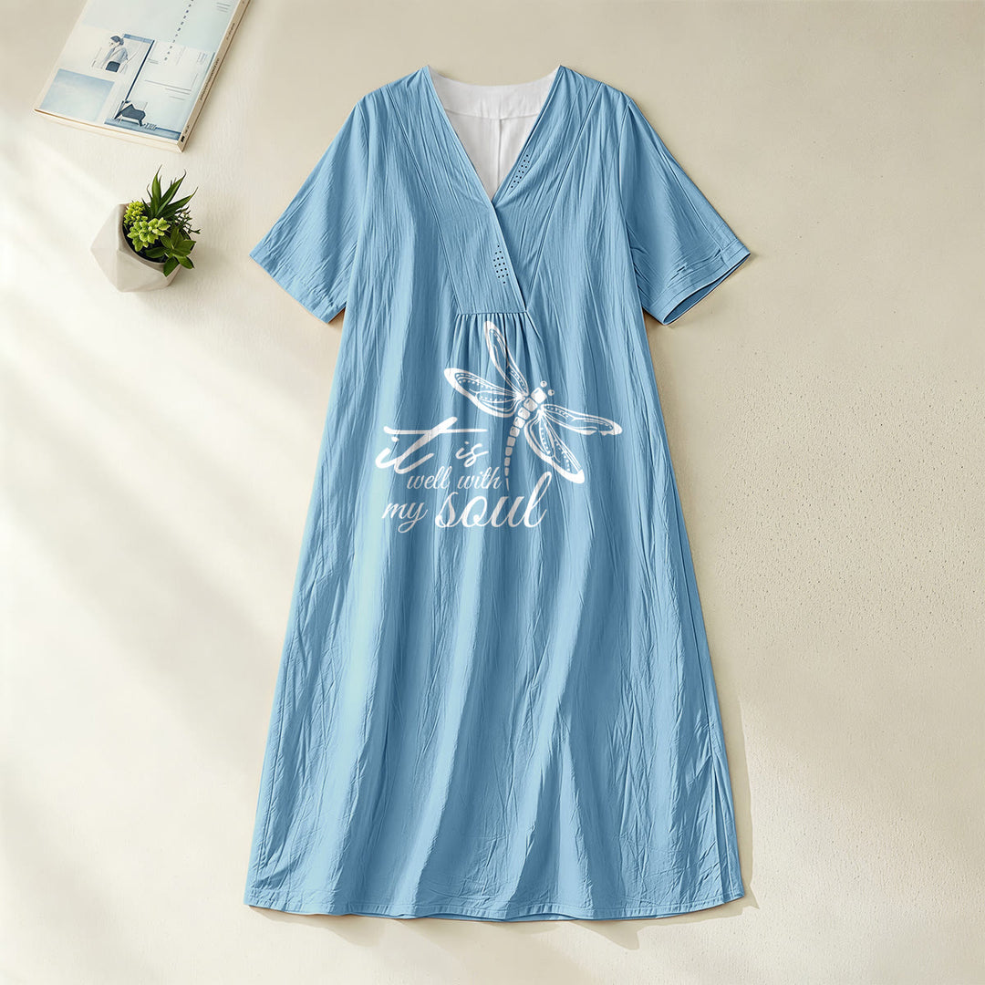 Robe midi à manches courtes et col en V avec motif libellule, inspirée par un verset de foi et signée Christianartworkshop, idéale pour l'été à la plage. - Bleu - 4XL - image 4
