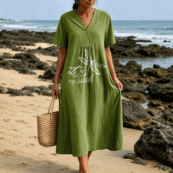 Robe midi à manches courtes et col en V avec motif libellule, inspirée par un verset de foi et signée Christianartworkshop, idéale pour l'été à la plage. - image 11