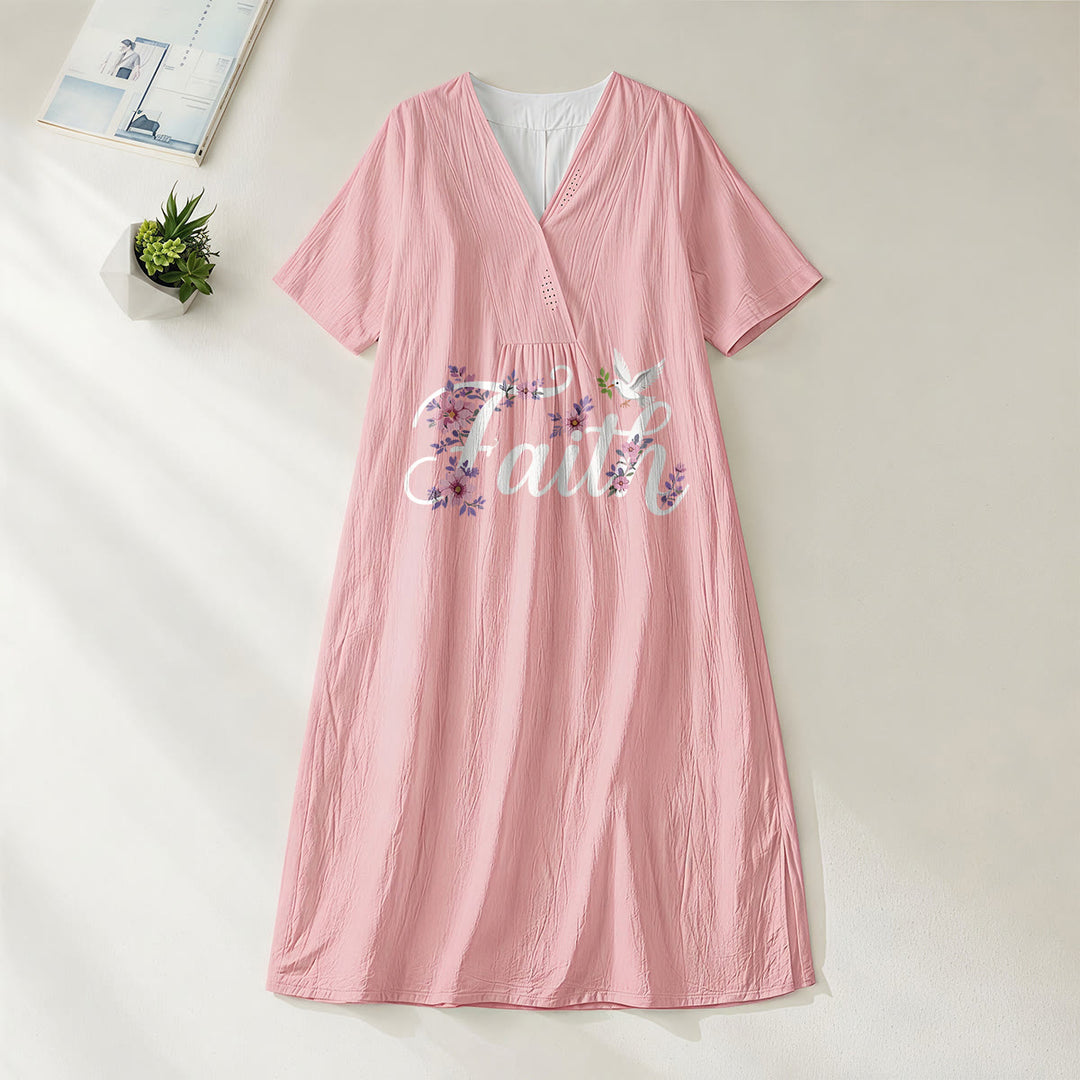 Robe midi de plage à col en V imprimée colombe et fleurs blanches, style Faith Script , Christianartworkshop - Rose - 4XL - image 0