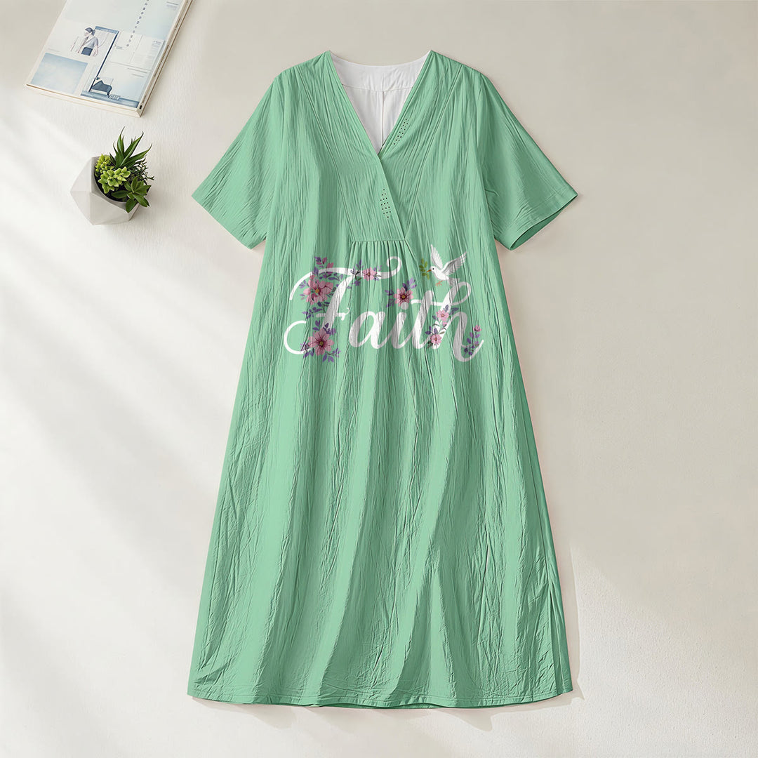 Robe midi de plage à col en V imprimée colombe et fleurs blanches, style Faith Script , Christianartworkshop - Vert - 4XL - image 2