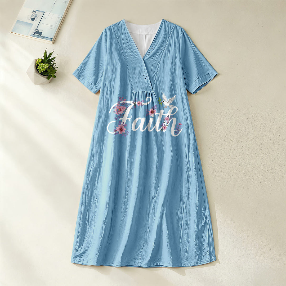 Robe midi de plage à col en V imprimée colombe et fleurs blanches, style Faith Script , Christianartworkshop - Bleu - 4XL - image 6
