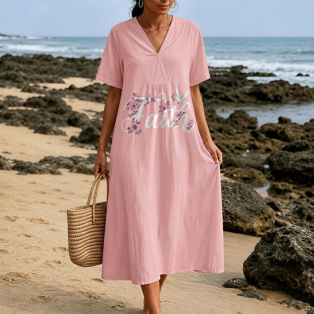 Robe midi de plage à col en V imprimée colombe et fleurs blanches, style Faith Script , Christianartworkshop - image 1