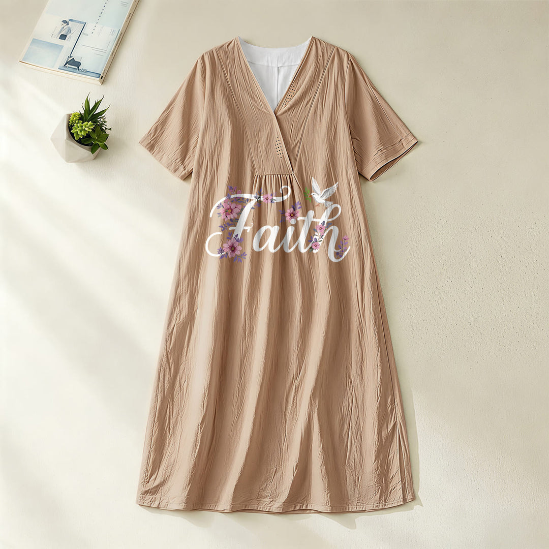 Robe midi de plage à col en V imprimée colombe et fleurs blanches, style Faith Script , Christianartworkshop - Kaki - 4XL - image 8