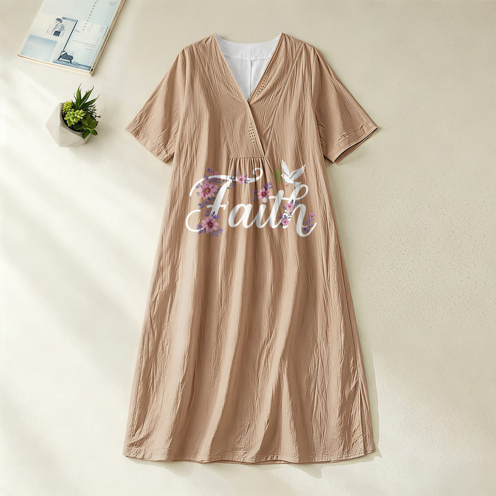 Robe midi de plage à col en V imprimée colombe et fleurs blanches, style Faith Script , Christianartworkshop - Kaki - 4XL - image 8