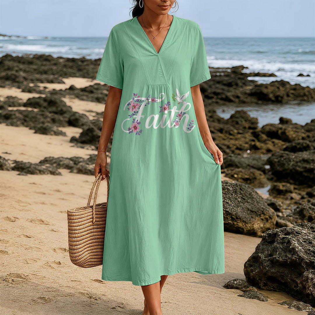 Robe midi de plage à col en V imprimée colombe et fleurs blanches, style Faith Script , Christianartworkshop - image 3