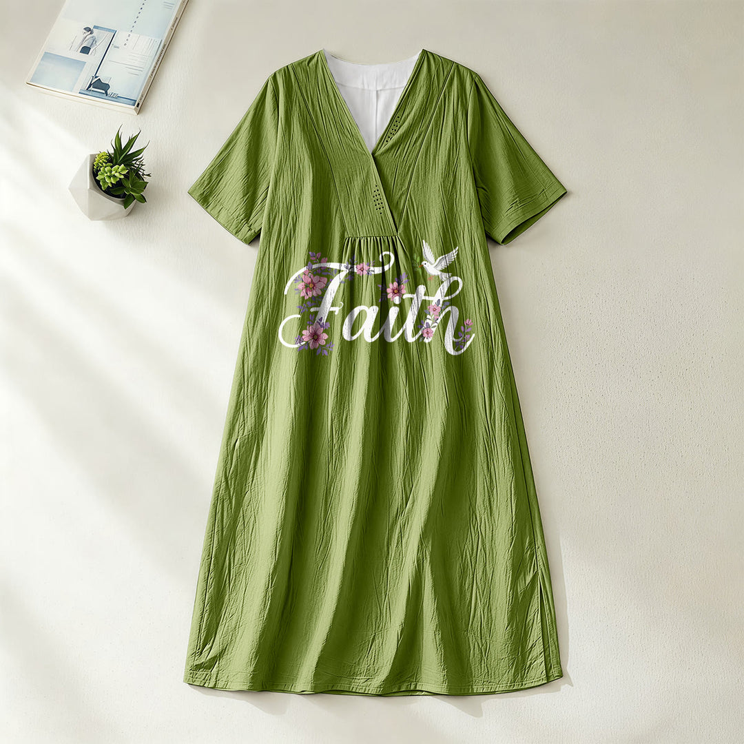 Robe midi de plage à col en V imprimée colombe et fleurs blanches, style Faith Script , Christianartworkshop - Vert olive - 4XL - image 10