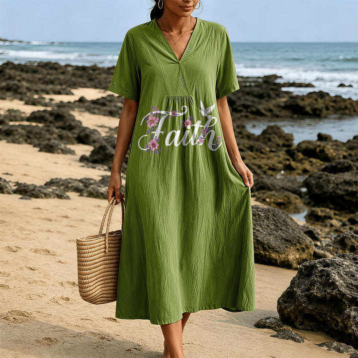Robe midi de plage à col en V imprimée colombe et fleurs blanches, style Faith Script , Christianartworkshop - image 11