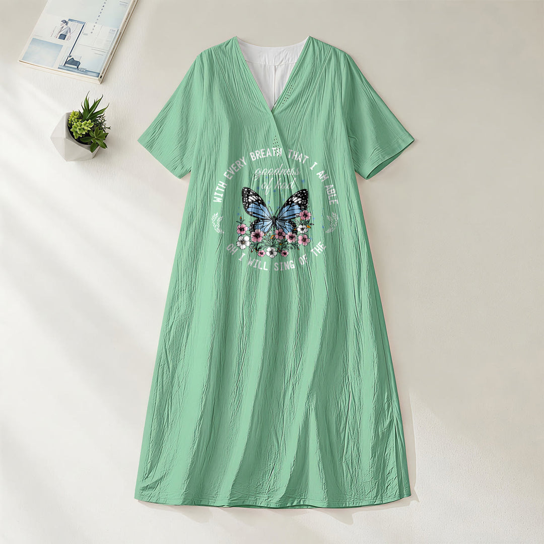 Robe midi à manches courtes et col en V ornée de papillons et de fleurs, inspirée par un verset biblique et signée Christianartworkshop - Vert - 4XL - image 2