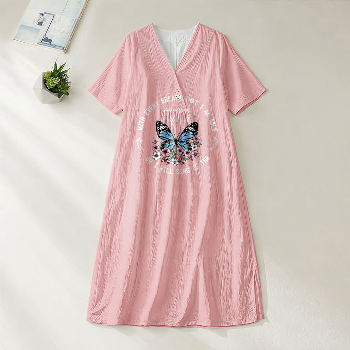 Robe midi à manches courtes et col en V ornée de papillons et de fleurs, inspirée par un verset biblique et signée Christianartworkshop - Rose - 4XL - image 8
