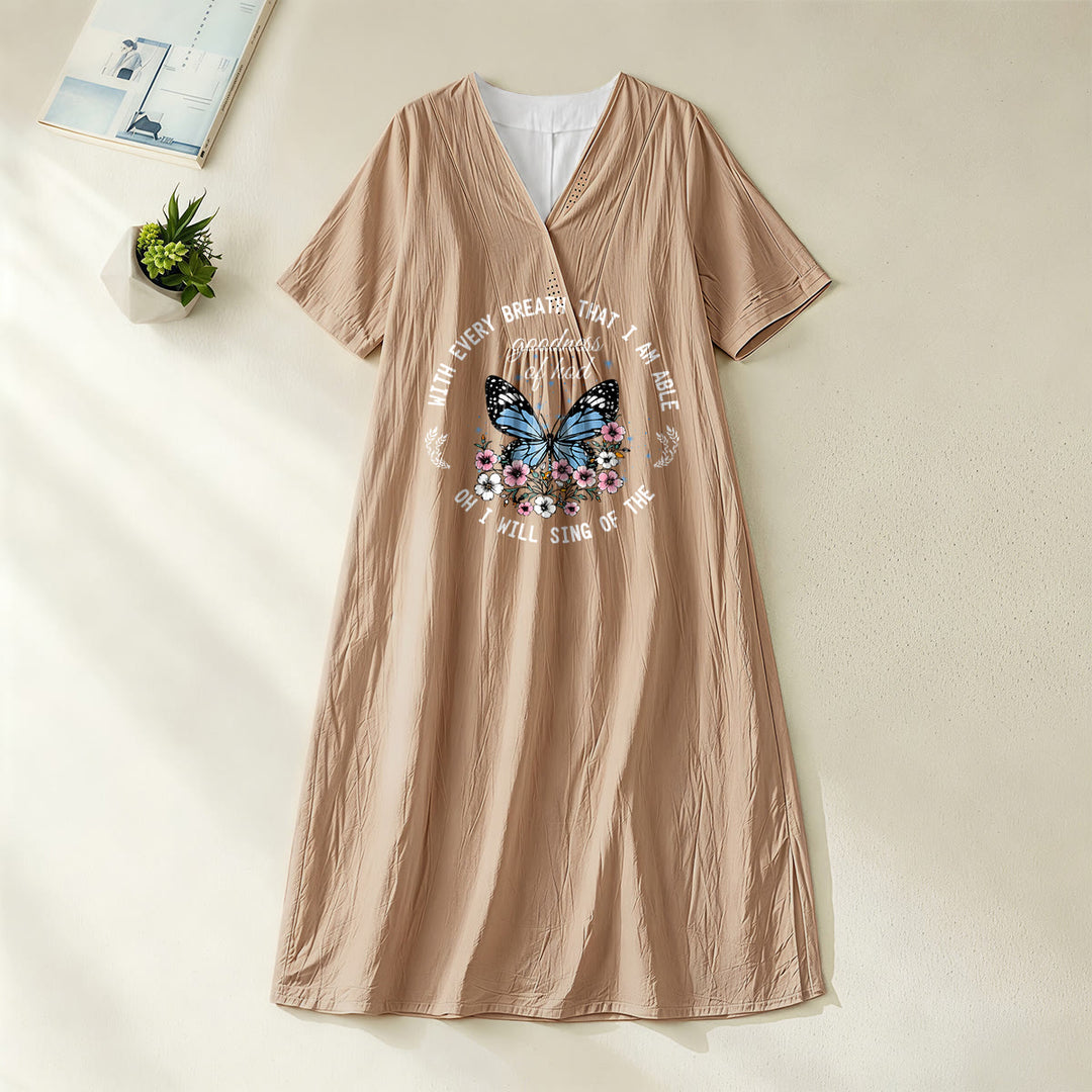 Robe midi à manches courtes et col en V ornée de papillons et de fleurs, inspirée par un verset biblique et signée Christianartworkshop - Kaki - 4XL - image 0