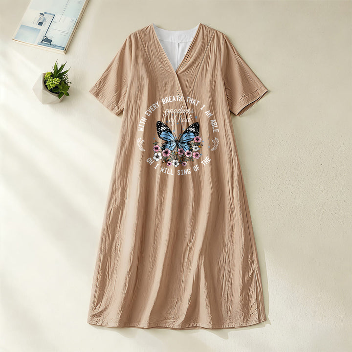 Robe midi à manches courtes et col en V ornée de papillons et de fleurs, inspirée par un verset biblique et signée Christianartworkshop - Kaki - 4XL - image 0