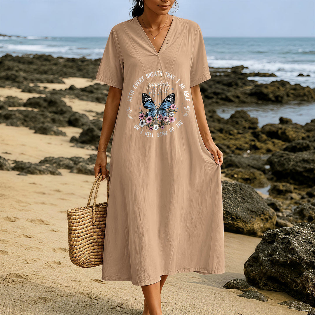 Robe midi à manches courtes et col en V ornée de papillons et de fleurs, inspirée par un verset biblique et signée Christianartworkshop - image 1