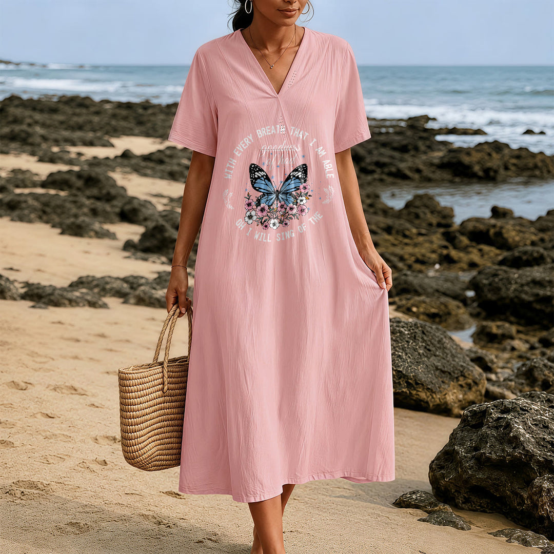 Robe midi à manches courtes et col en V ornée de papillons et de fleurs, inspirée par un verset biblique et signée Christianartworkshop - image 9