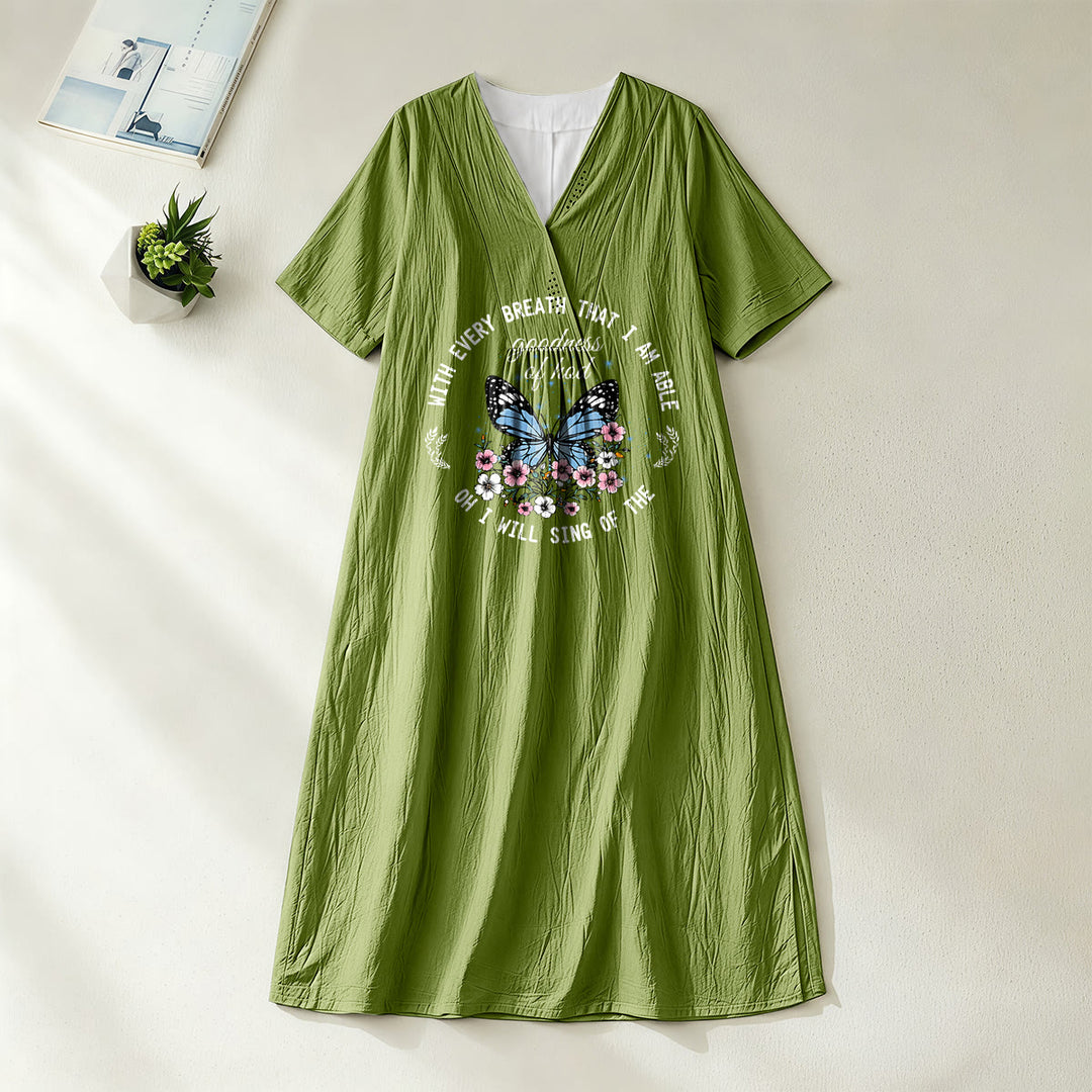 Robe midi à manches courtes et col en V ornée de papillons et de fleurs, inspirée par un verset biblique et signée Christianartworkshop - Vert olive - 4XL - image 10