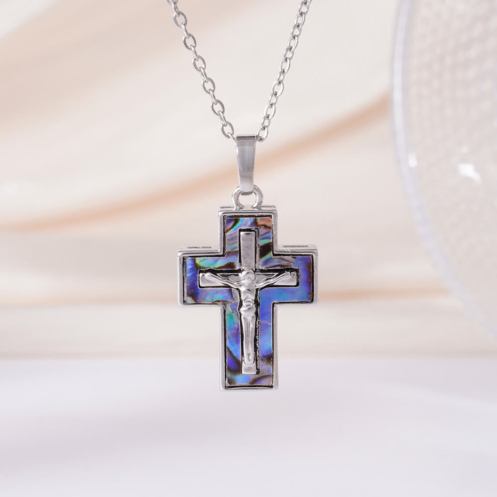 Christianartworkshop Collier pendentif croix crucifix à plusieurs rangs : symbole de rédemption et de grâce éternelle - Bleu - image 1
