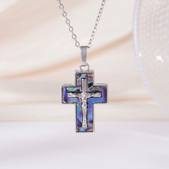 Christianartworkshop Collier pendentif croix crucifix à plusieurs rangs : symbole de rédemption et de grâce éternelle - Bleu - image 1