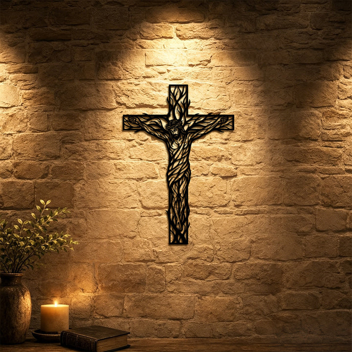 Christianartworkshop Crucifix en métal tressé de vigne : emblème de rédemption et de vie éternelle - image 0